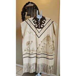 Mexican Vintage Suede Leather Fringe Poncho Pyrography Native Aztec Indigenous